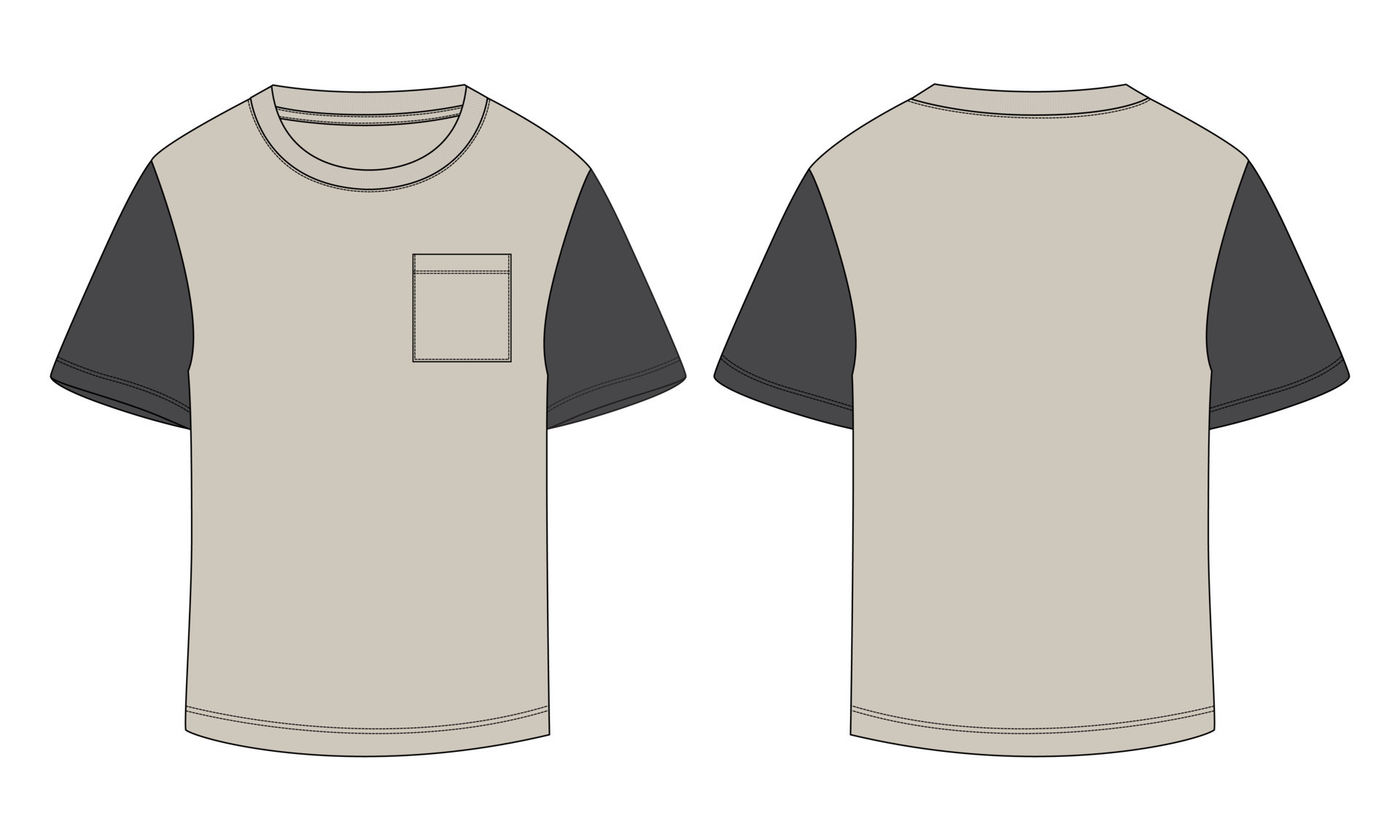 Two Tone Color Short Sleeve T Shirt Technical Drawing Fashion Flat Two Tone Color Short Sleeve T Shirt Technical Drawing Fashion Flat Sketch Illustration Template Front And Back Views Vector
