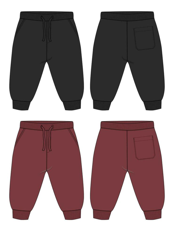 Fleece cotton jersey basic Sweat pant technical drawing fashion flat sketch template front and back views. Apparel jogger pants vector illustration Black and Red color mock up for kids and boys.