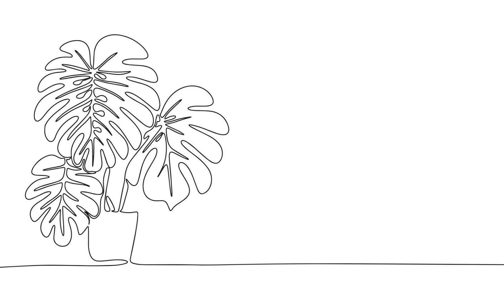 Monstera deliciosa in pot. One line continuous houseplant in pot. Line art plant monstera in pot. Outline vector illustration.