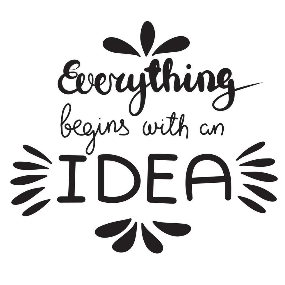 Everything begins with and idea. Hand drawn phrases and quotes about work, office, team, motivation, support and goals. Perfect for social media, web, typographic design. Vector illustration.