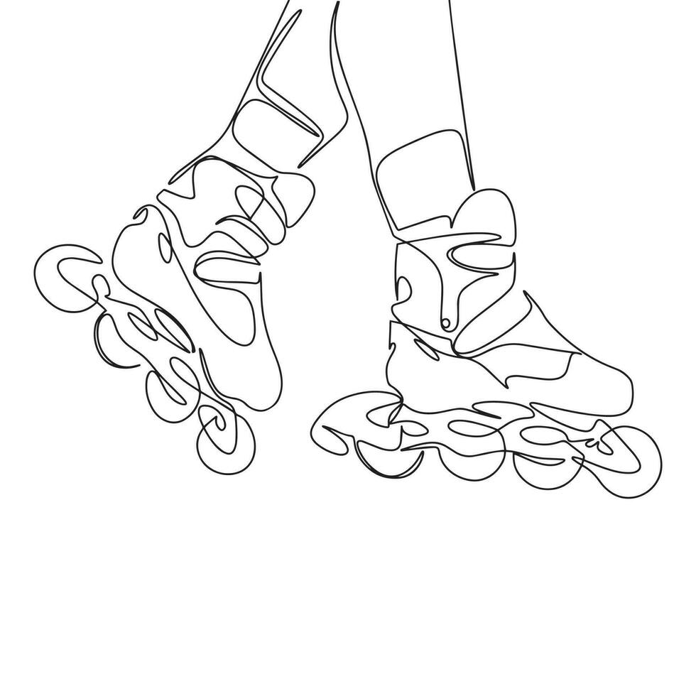 Legs in roller skate. One line continuous legs on rollers. Line art rollers. Outline vector illustration.