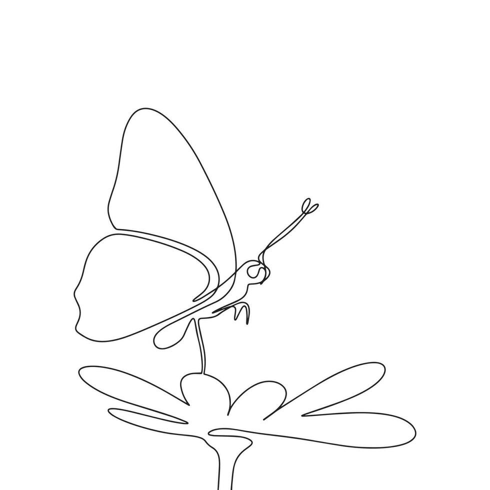 Butterfly on flower. One line continuous insect fly over flower. Line art butterfly outline vector illustration.