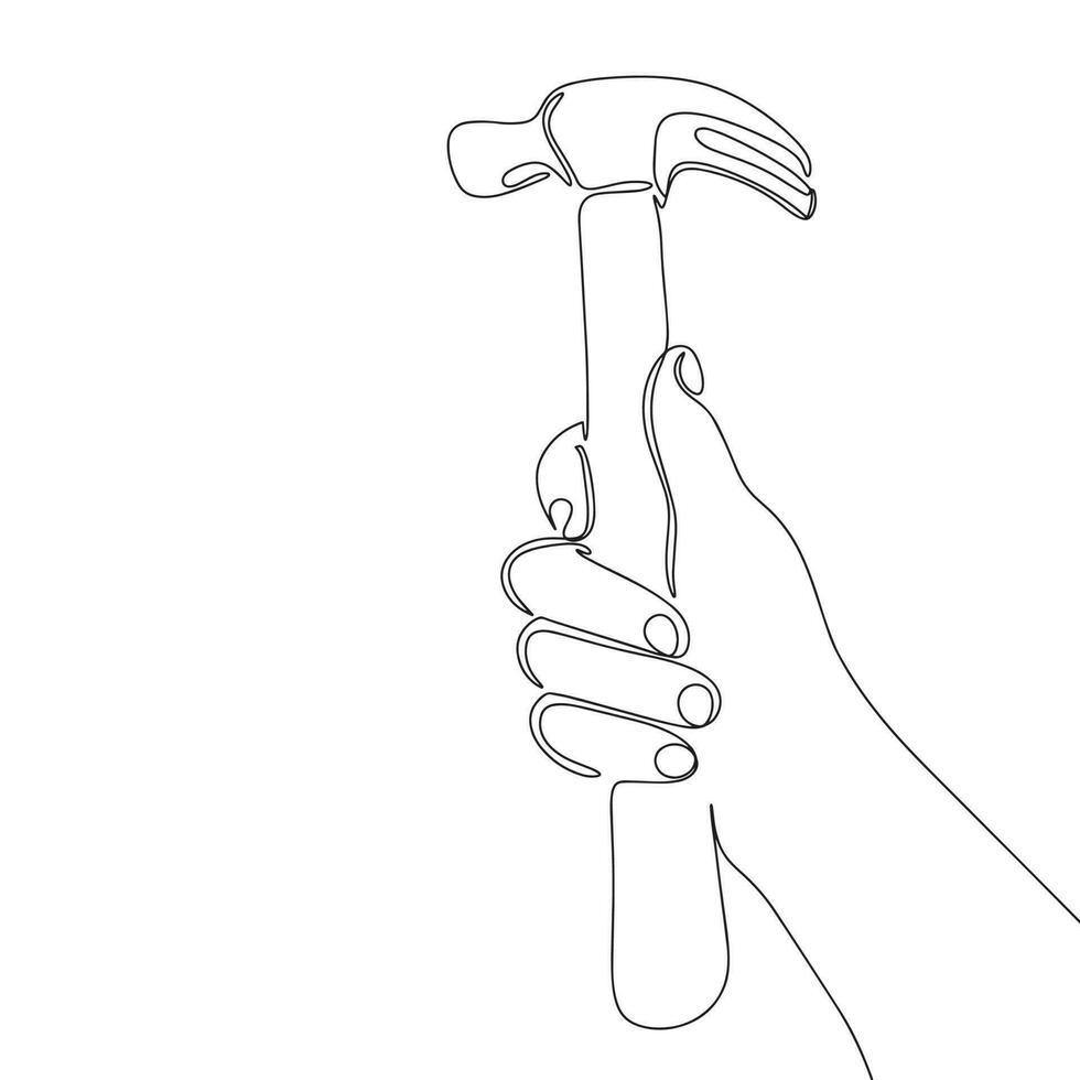 Hammer in hand as one line drawing banner. Continuous hand drawn minimalist minimalism design isolated on white background vector illustration.