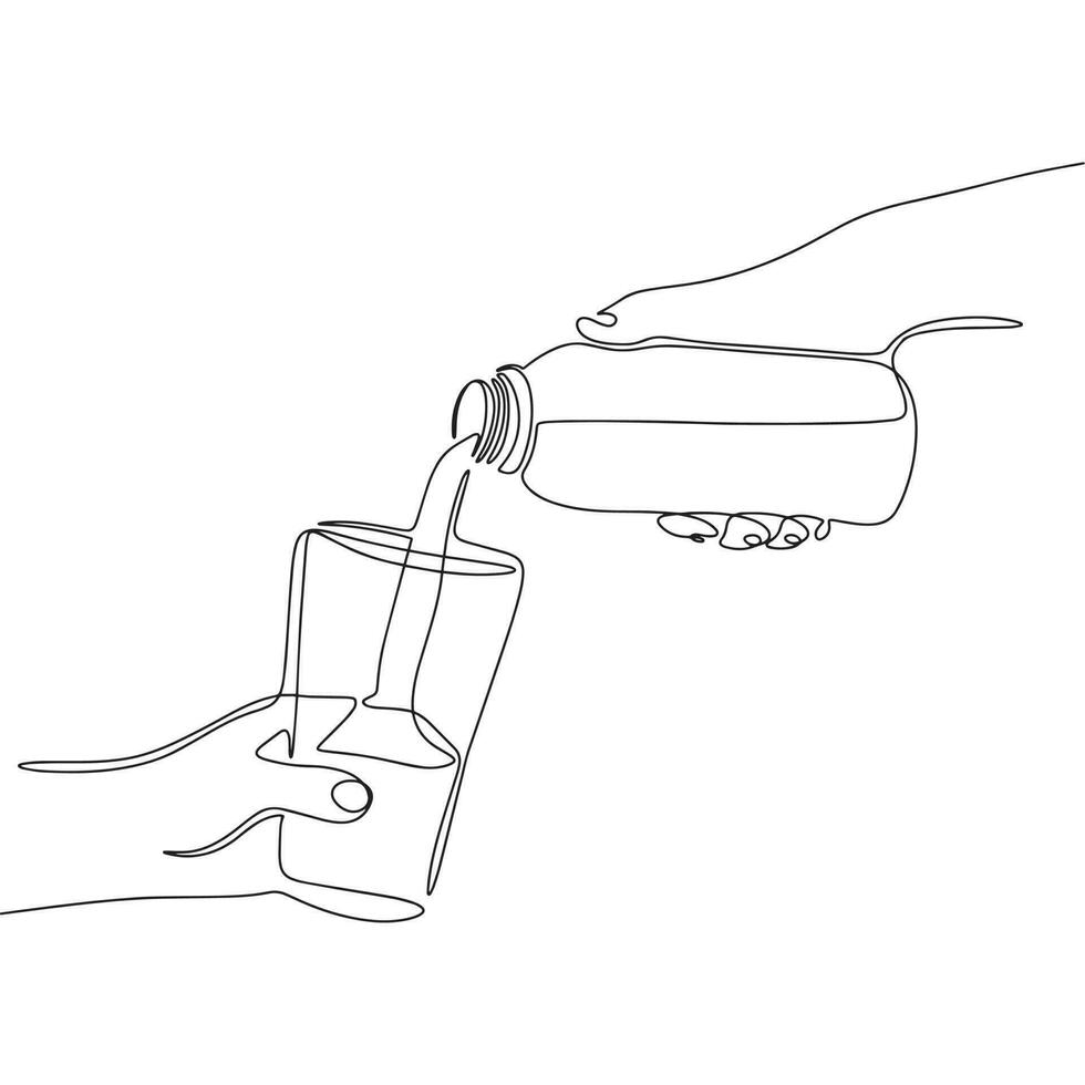Water from bottle to glass. One line continuous pour milk to glass. Line art glass and bottle in hands. Outline vector illustration.