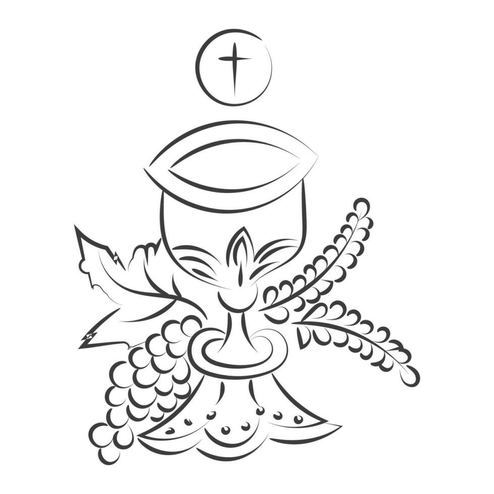 First Communion Embroidery Design. Eucharist In Chalice with Grapes and wheat for print or use as poster, card, flyer or T Shirt vector