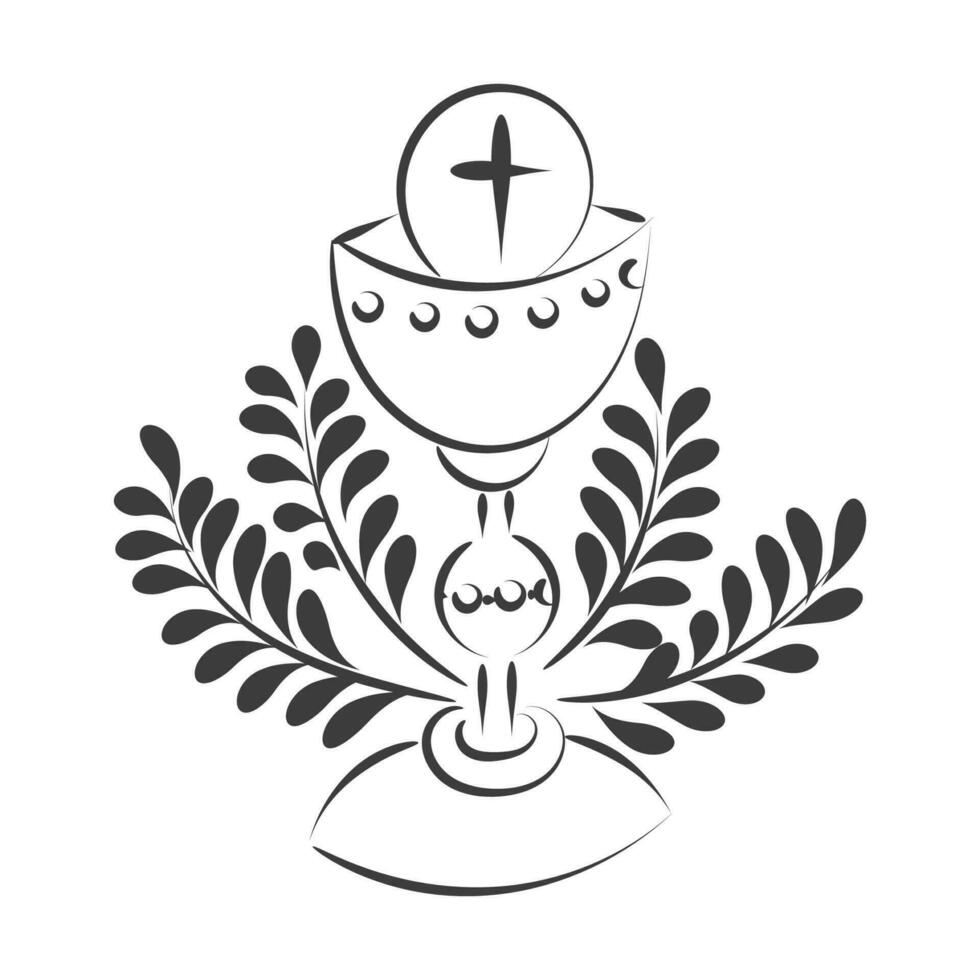 First Communion Embroidery Design. Eucharist In Chalice with Grapes and wheat for print or use as poster, card, flyer or T Shirt vector