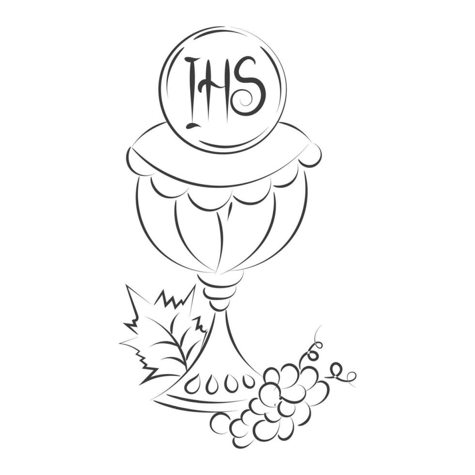 First Communion Embroidery Design. Eucharist In Chalice with Grapes and wheat for print or use as poster, card, flyer or T Shirt vector