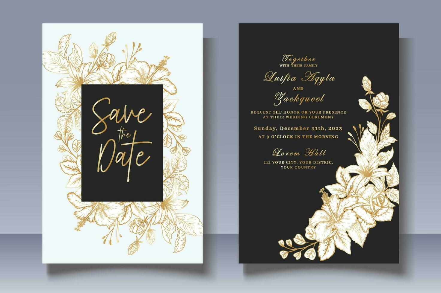 tarjeta de invitación de boda con decoración floral dibujada a mano vector