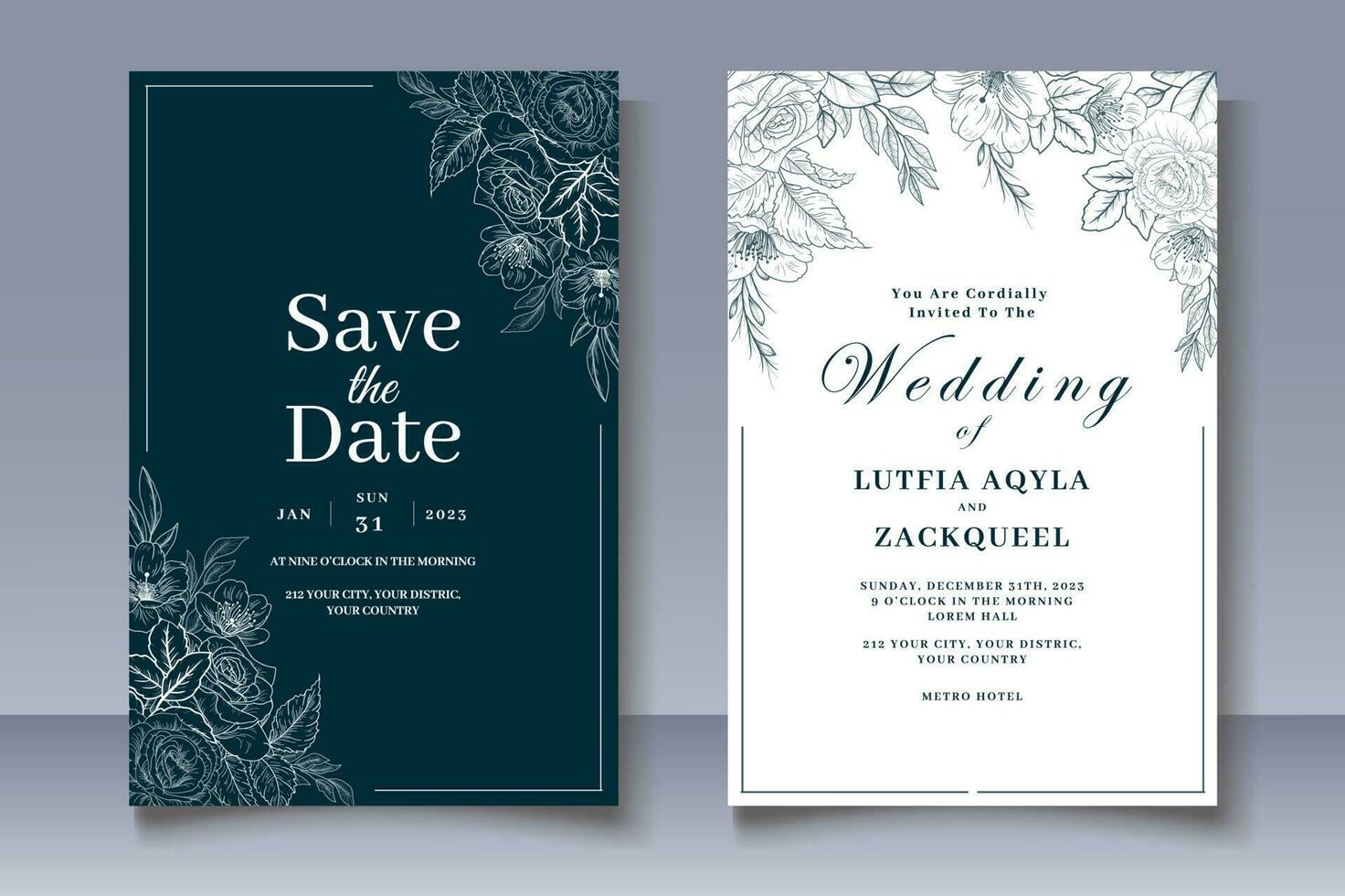 tarjeta de invitación de boda con decoración floral dibujada a mano vector