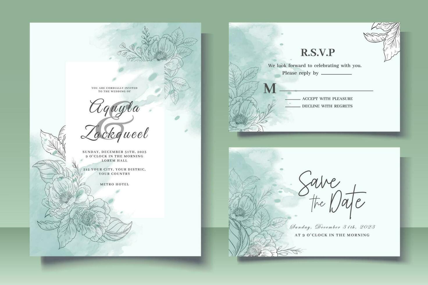 tarjeta de invitación de boda con decoración floral dibujada a mano vector