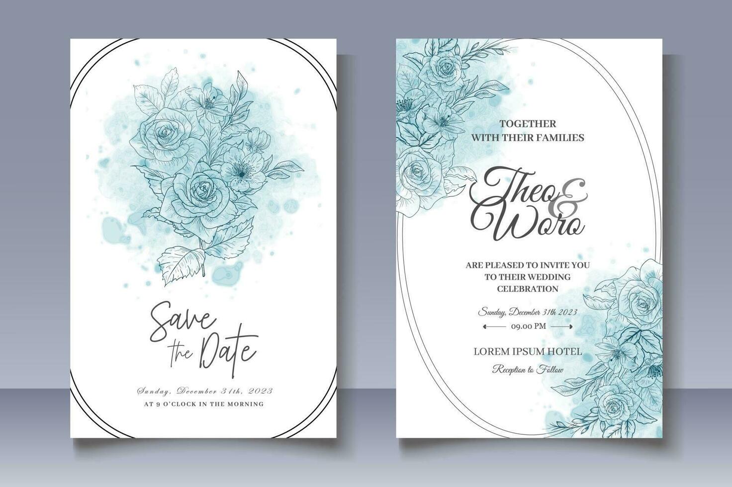 Elegant Wedding Card Set with Splash Floral Decoration vector