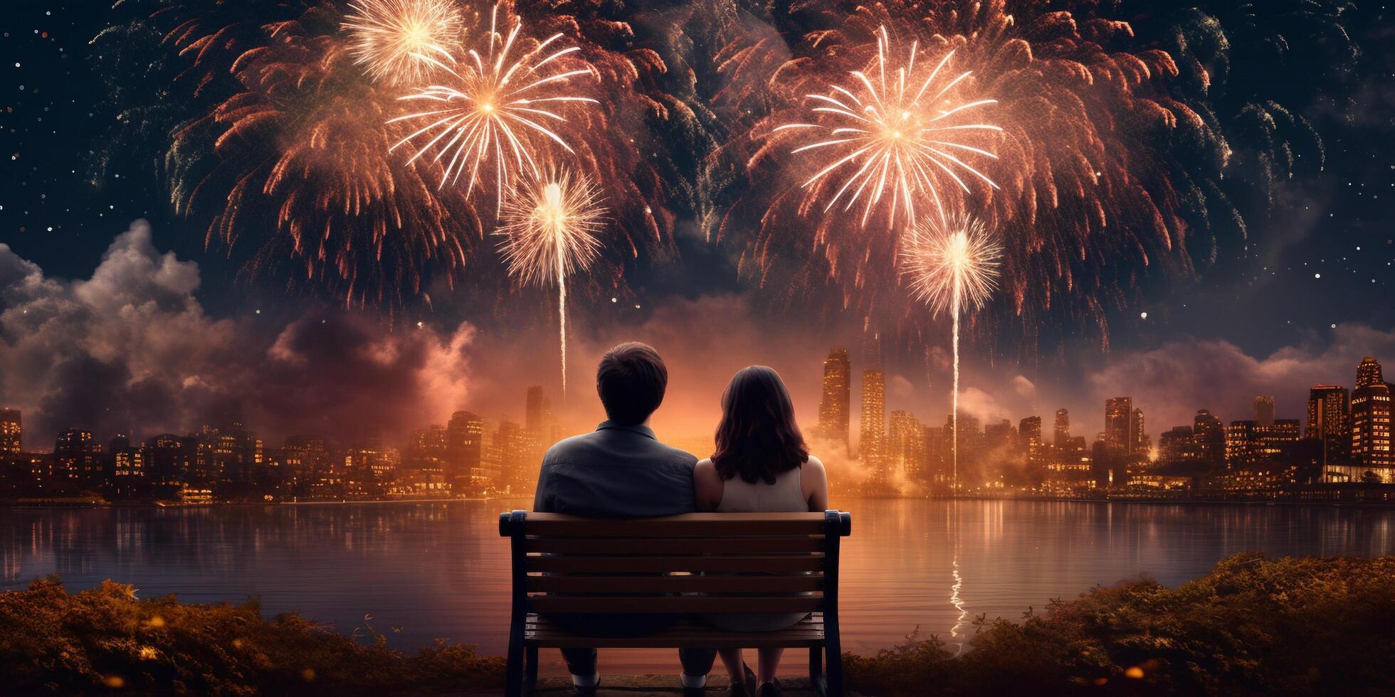 A young couple sit together to watch the celebration fireworks with . photo