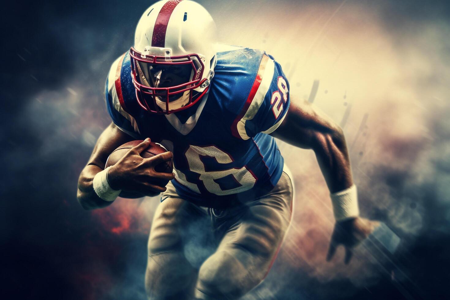 American football player in action on a dark smoky background with . photo