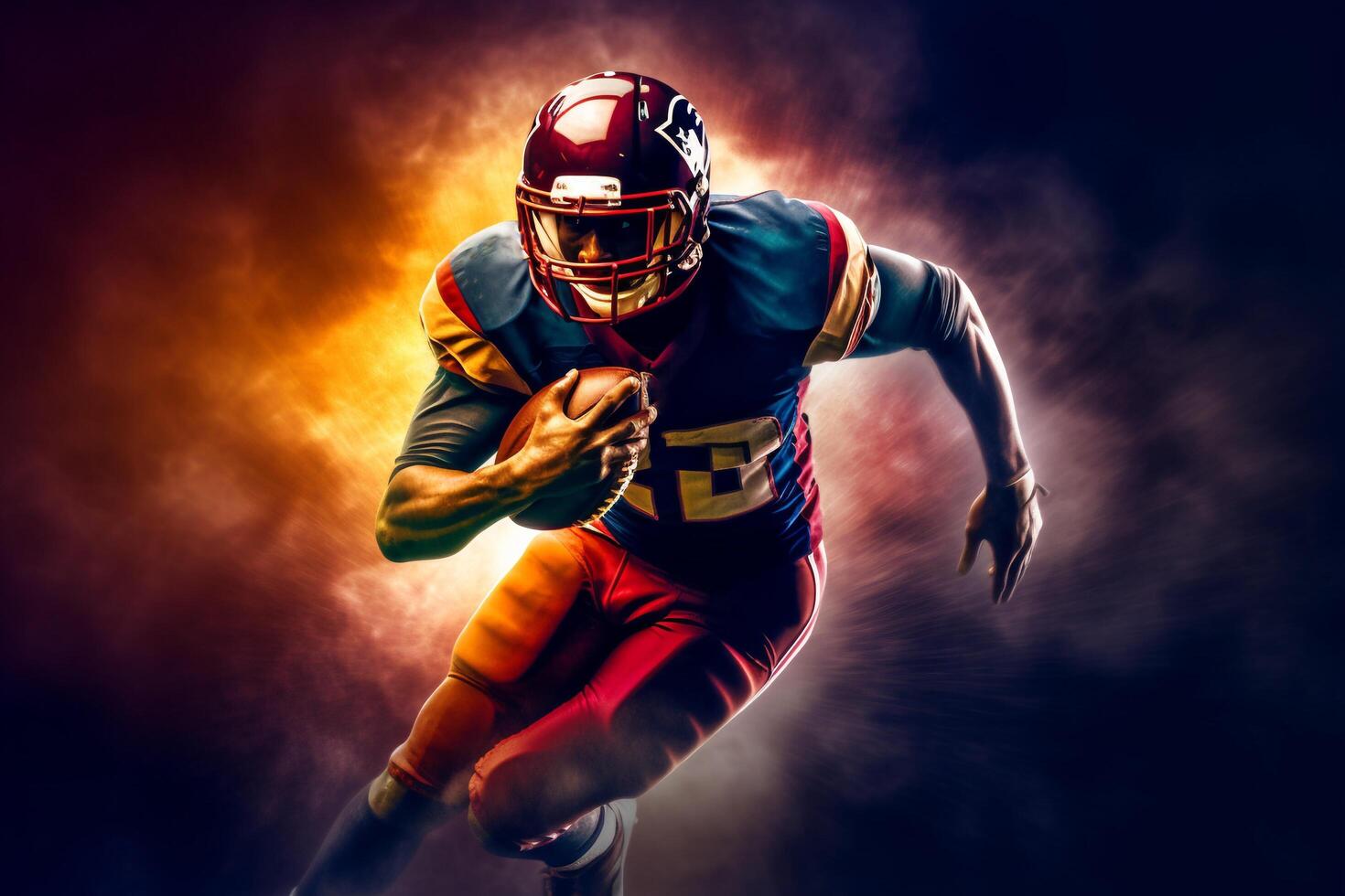 American football player in action on a dark smoky background with . photo