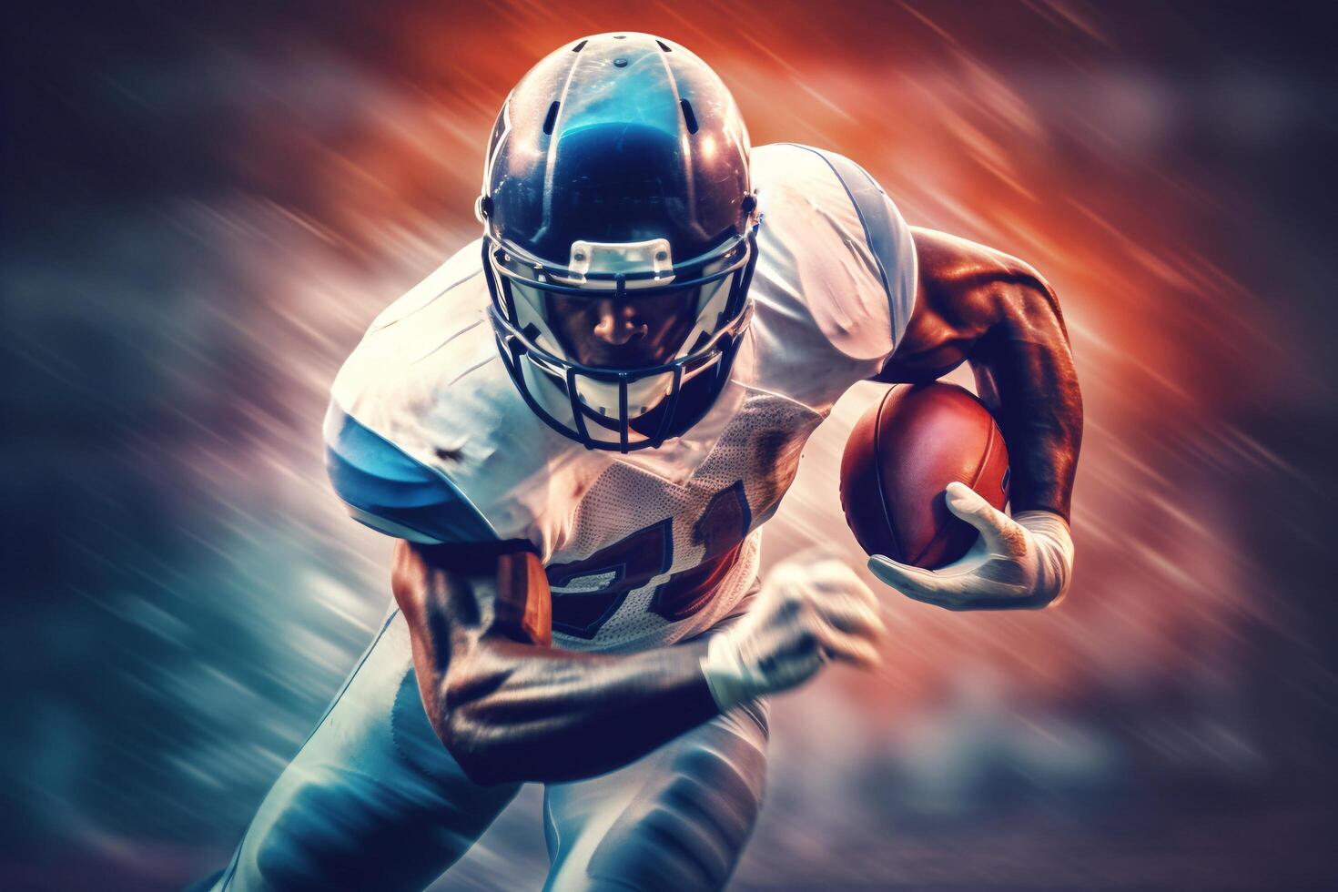 American football player in action on a dark smoky background with . photo