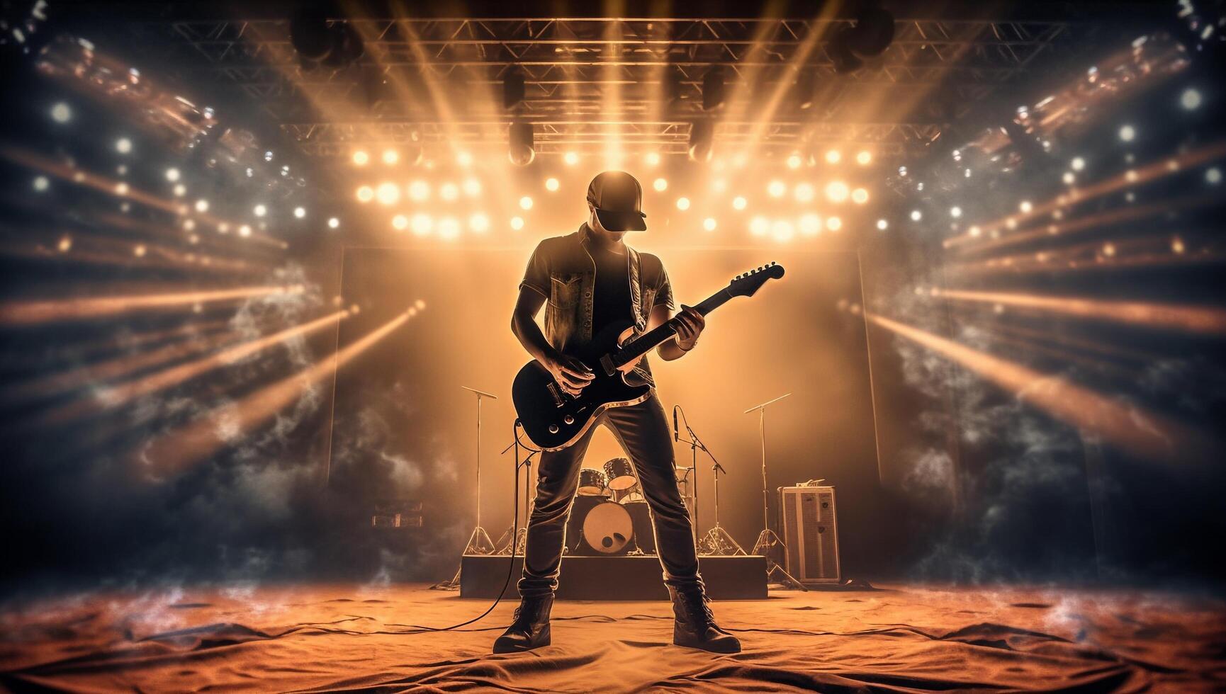 silueta de un rock músico jugando el eléctrico guitarra en etapa con ai generado. foto