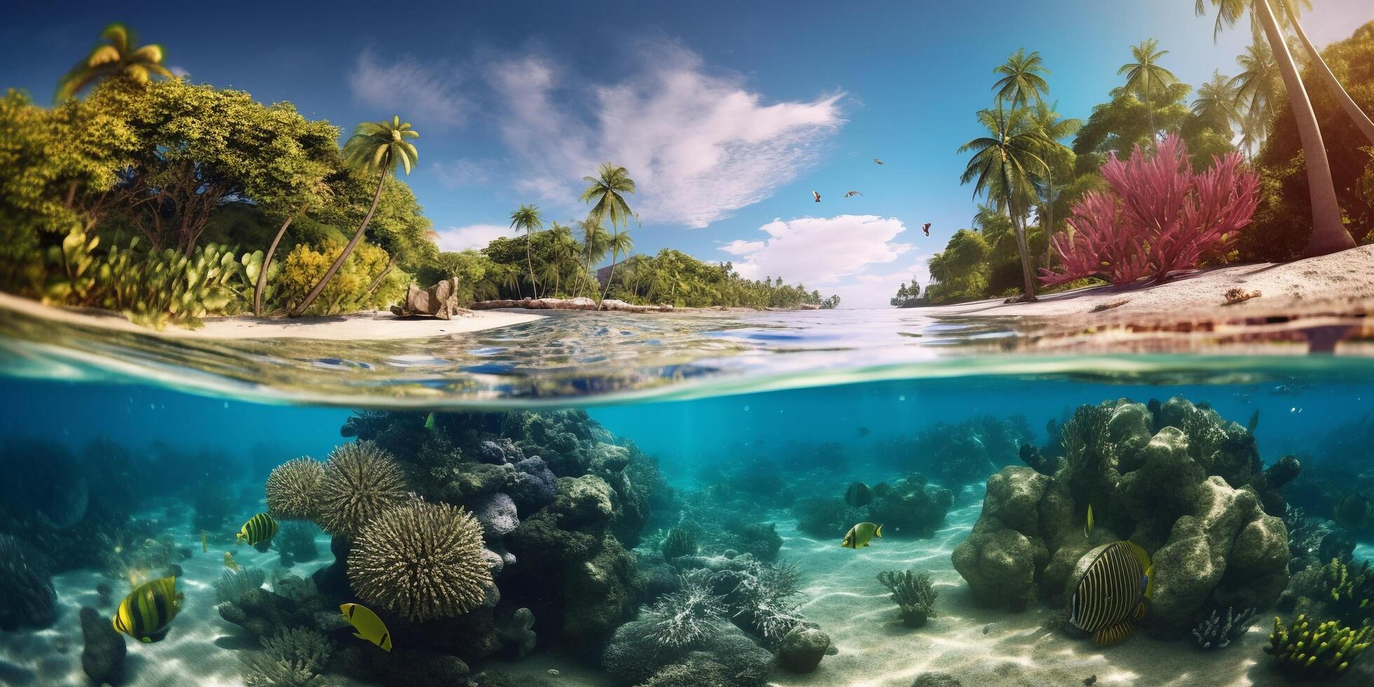 Underwater view of tropical island with coral reef and sandy beach with . photo