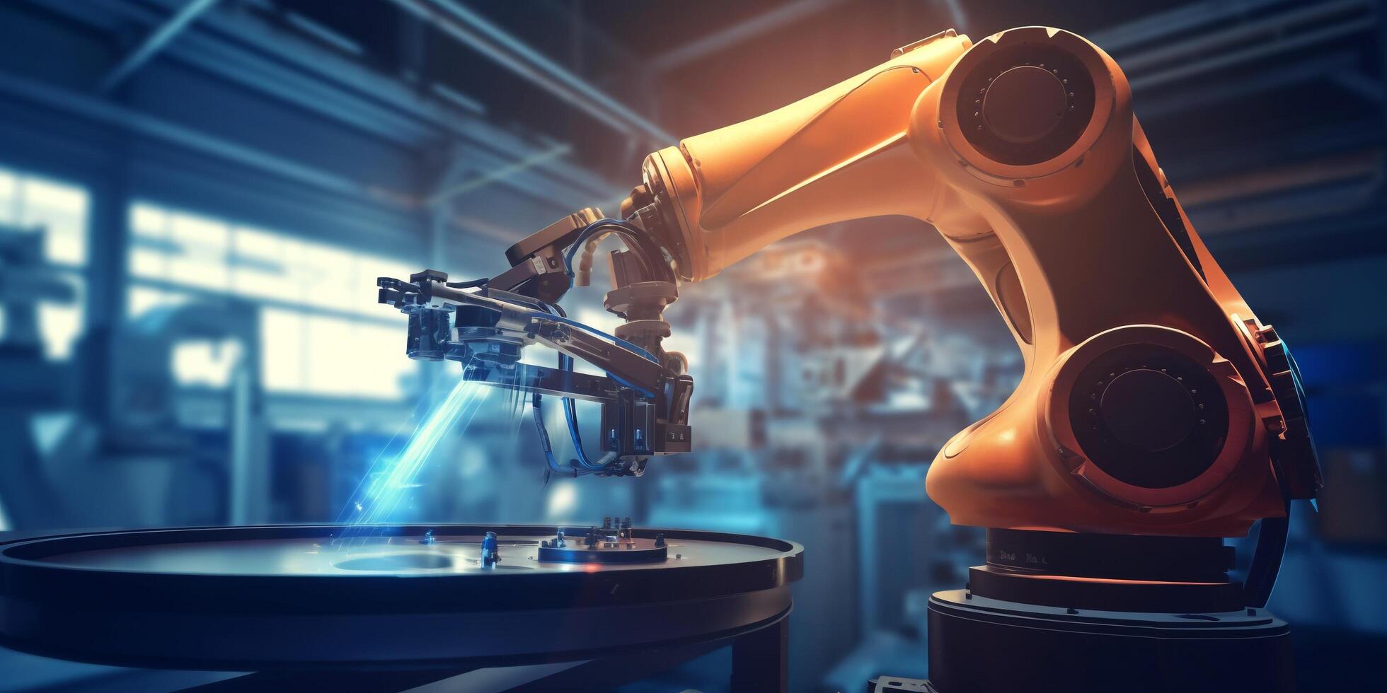 The arm robot is working in the factory with . photo