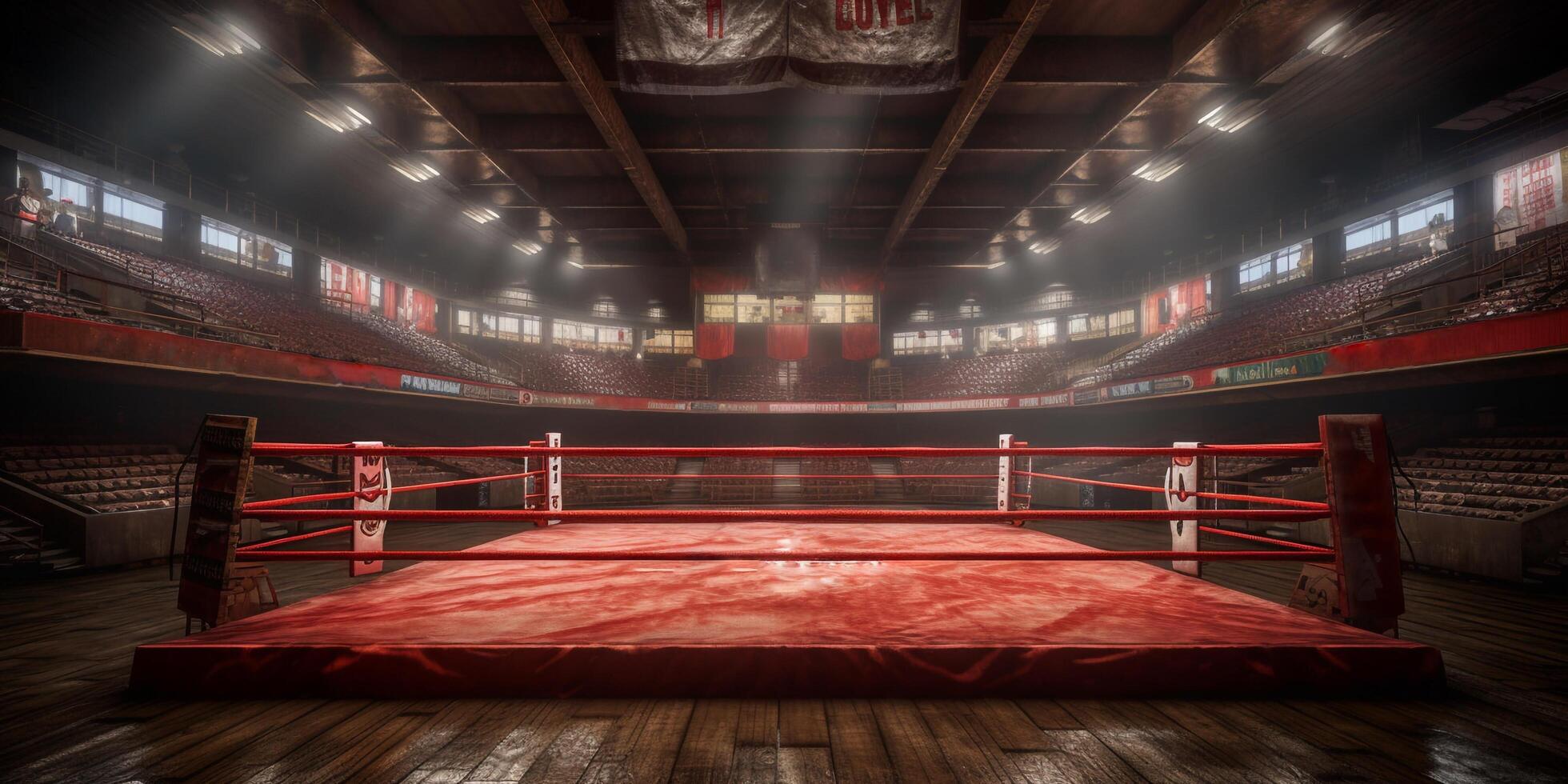 Red boxing ring in an empty arena with . photo