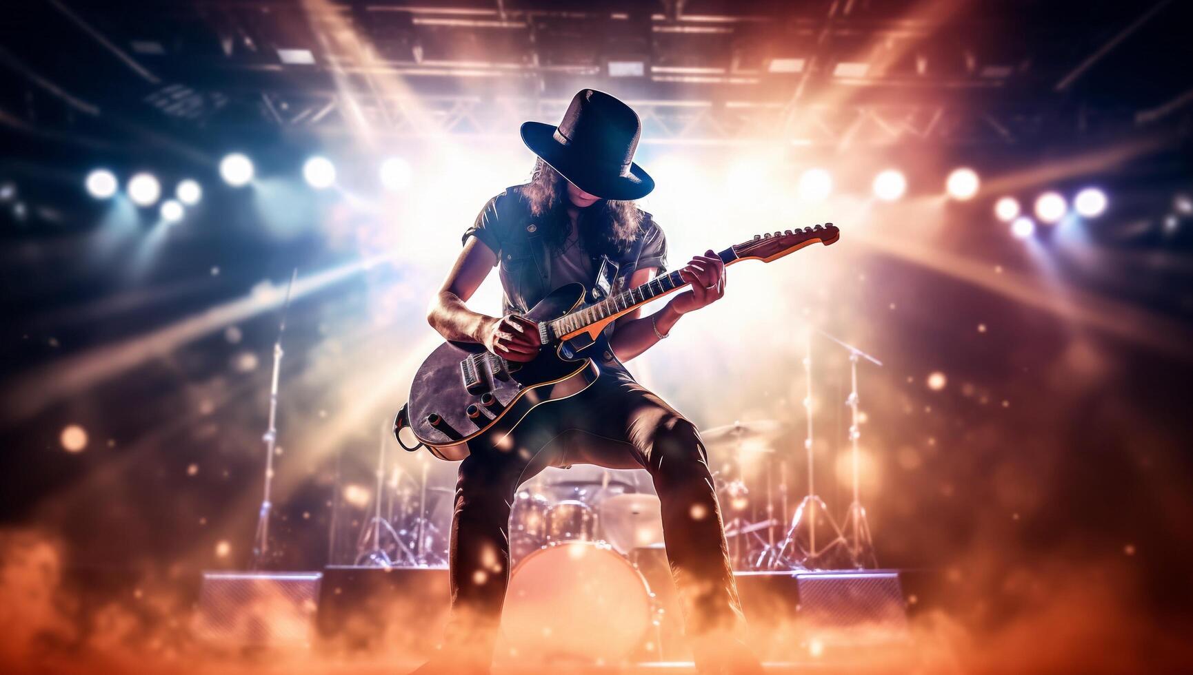 Silhouette of a rock musician playing the electric guitar on stage with . photo