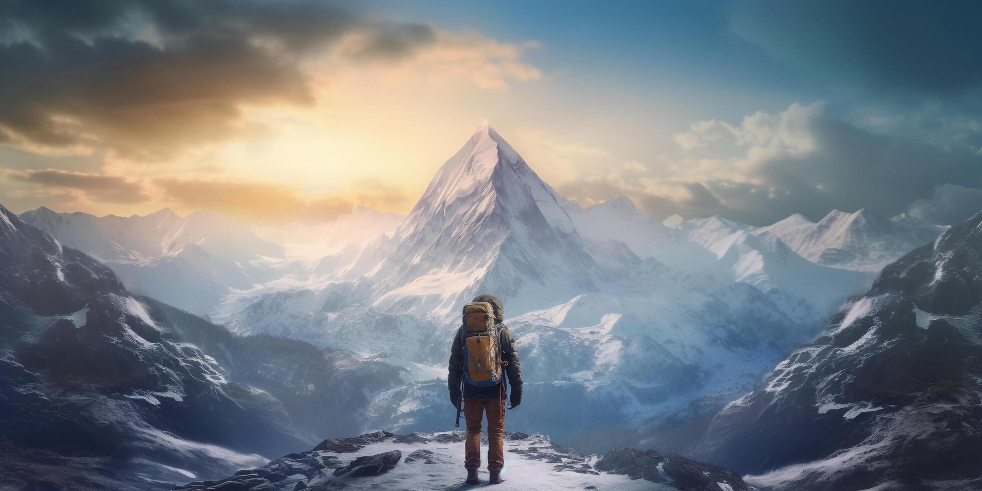 The closeup view of a man with backpack who stand in front of high mountain with . photo