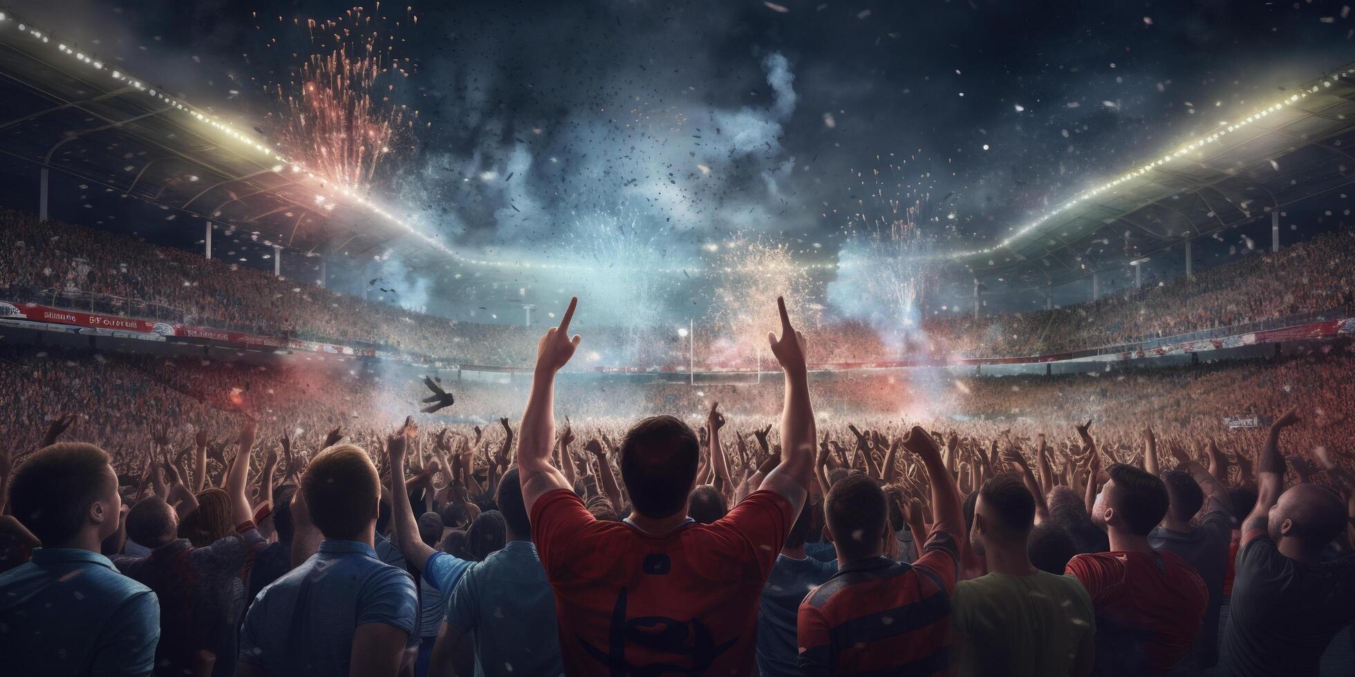 Football fans are watching football match in the stadium with . photo