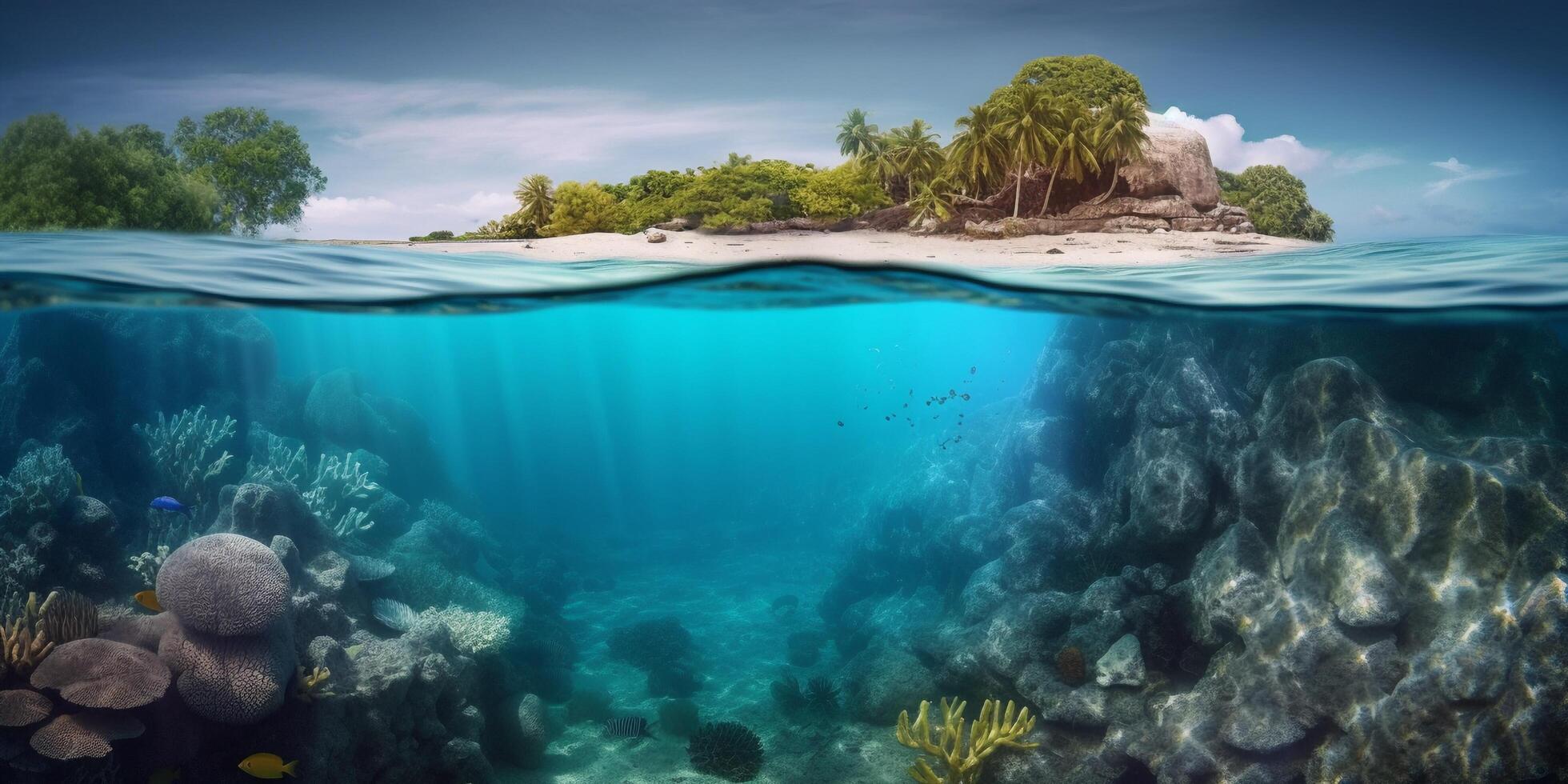 Underwater view of tropical island with coral reef and sandy beach with . photo