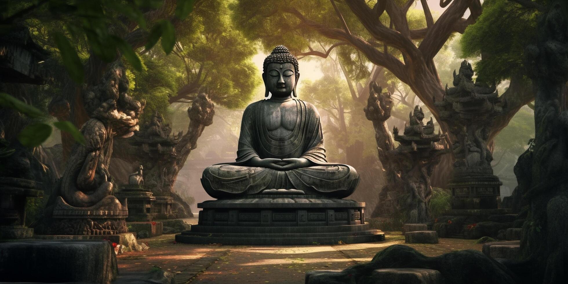 The ancient buddha statue in the forest with . photo