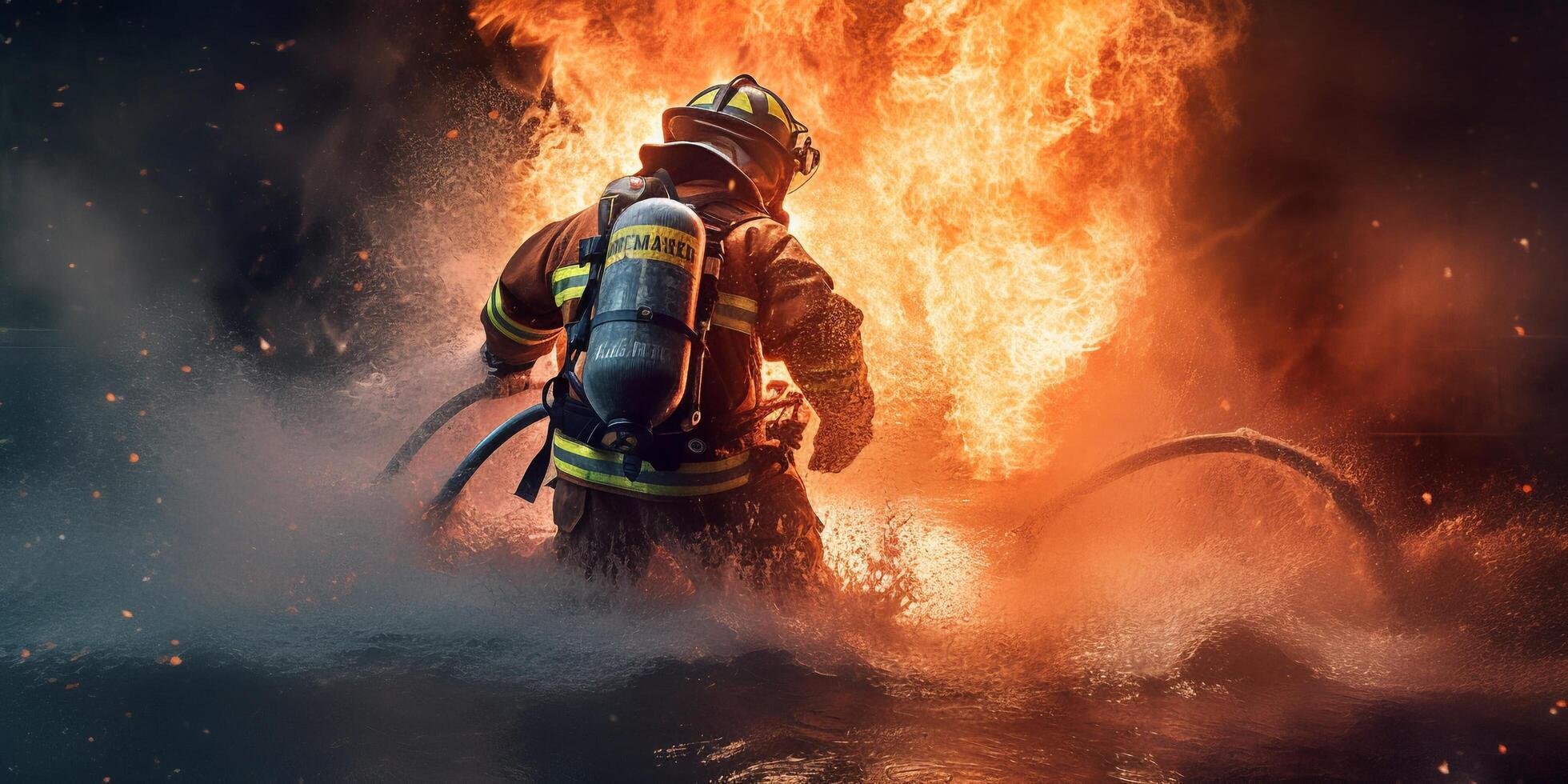 el bombero es utilizando agua y extintor con ai generado. foto