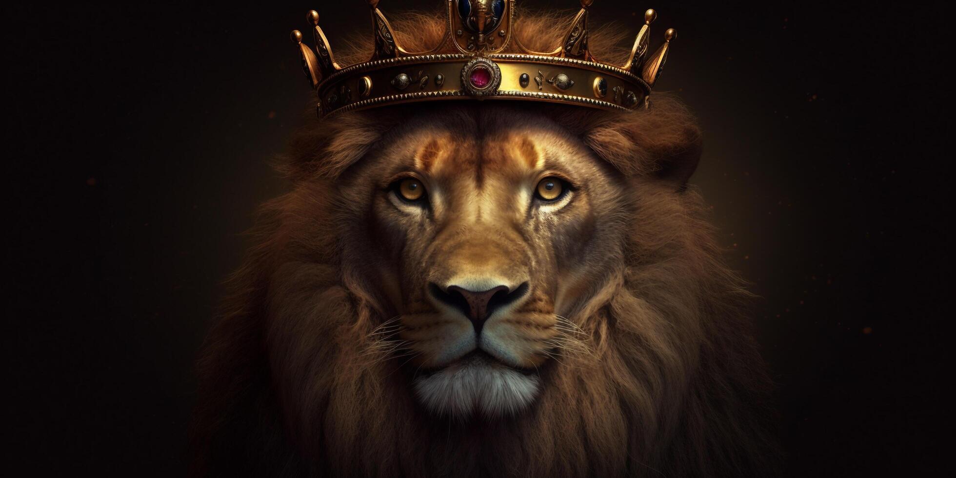 Lion king in a golden crown on a dark background with . photo