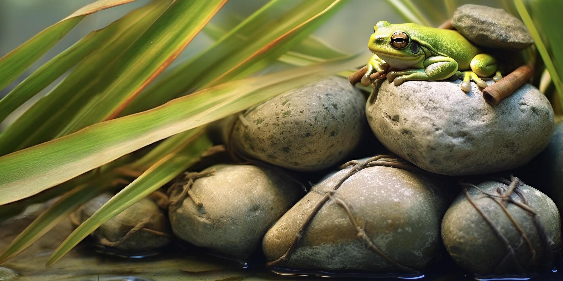 verde rana sentado en un Roca en un verde antecedentes con ai generado. foto