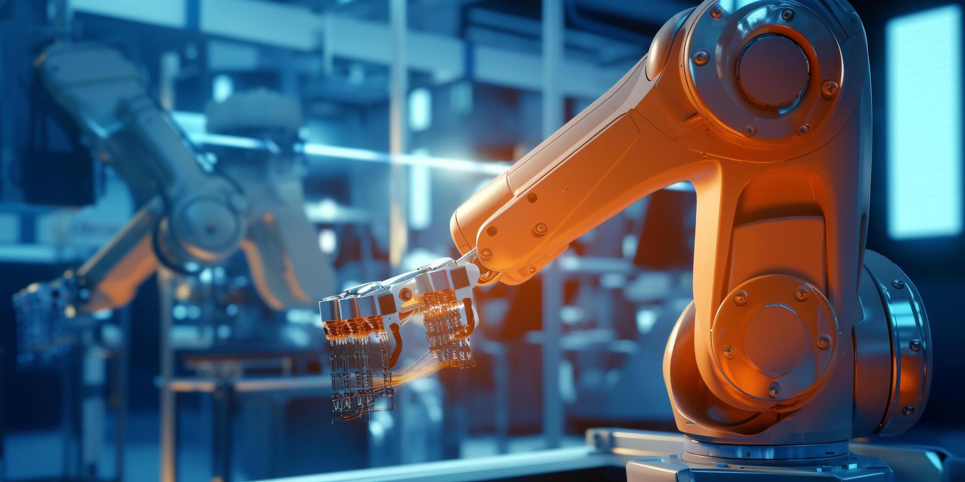 The arm robot is working in the factory with . photo