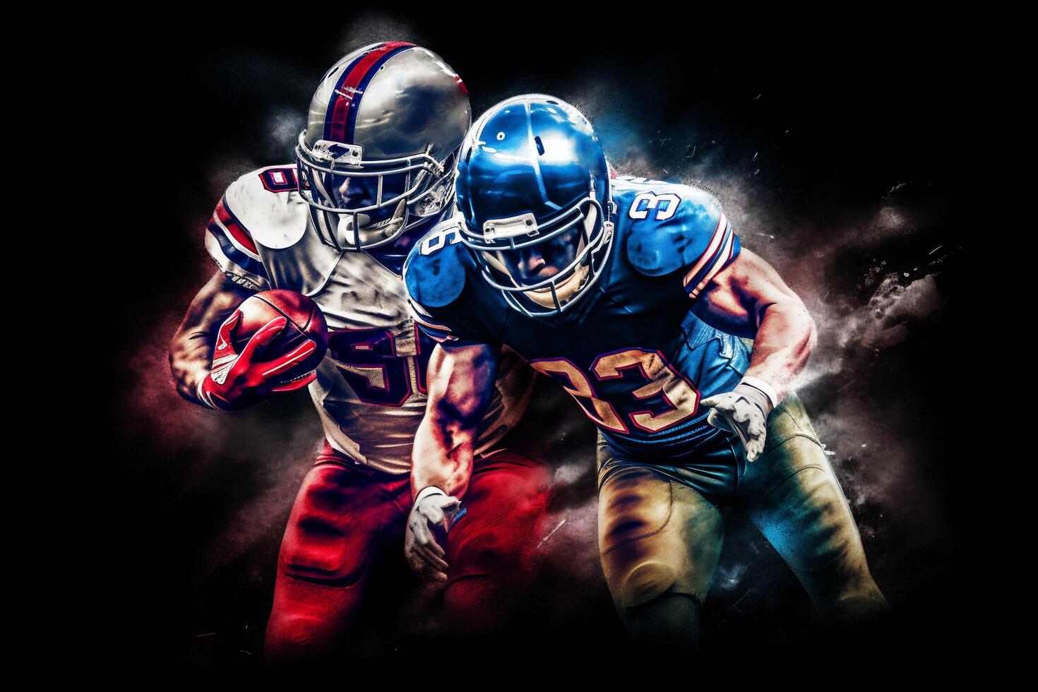American football player in action on a dark smoky background with . photo