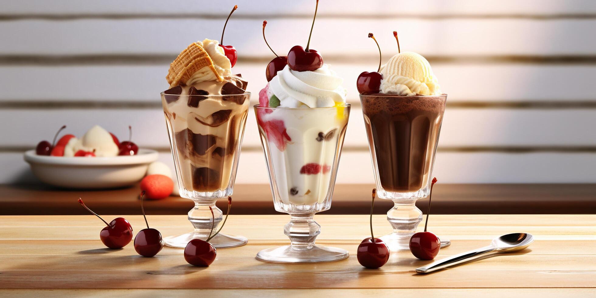 el taza de hielo crema helado con frutas y nueces es en el mesa con ai generado. foto