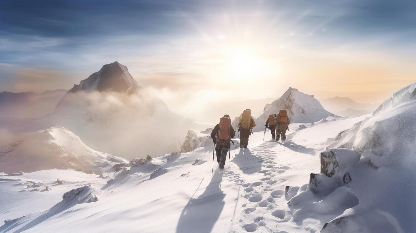 Group of people hiking in winter mountains with snowshoes and backpacks with . photo