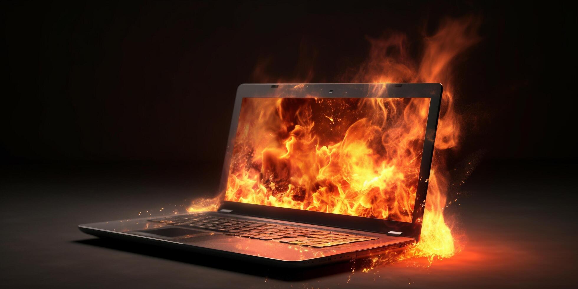 Laptop burning in flames on a dark background with . photo