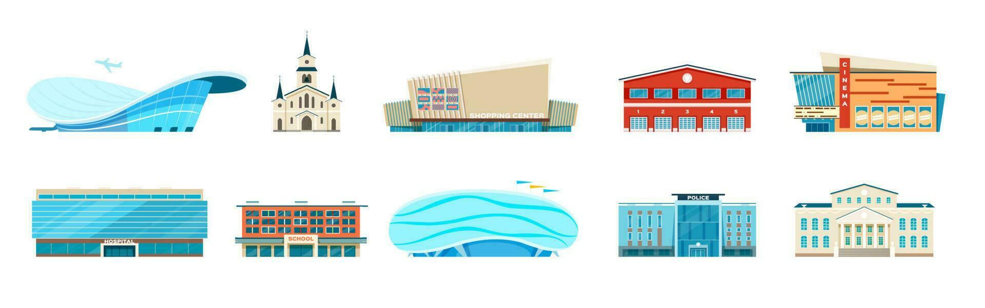 Flat city municipal building, police station, bank, hospital. Modern urban architecture, town hall, school, airport, stadium vector set