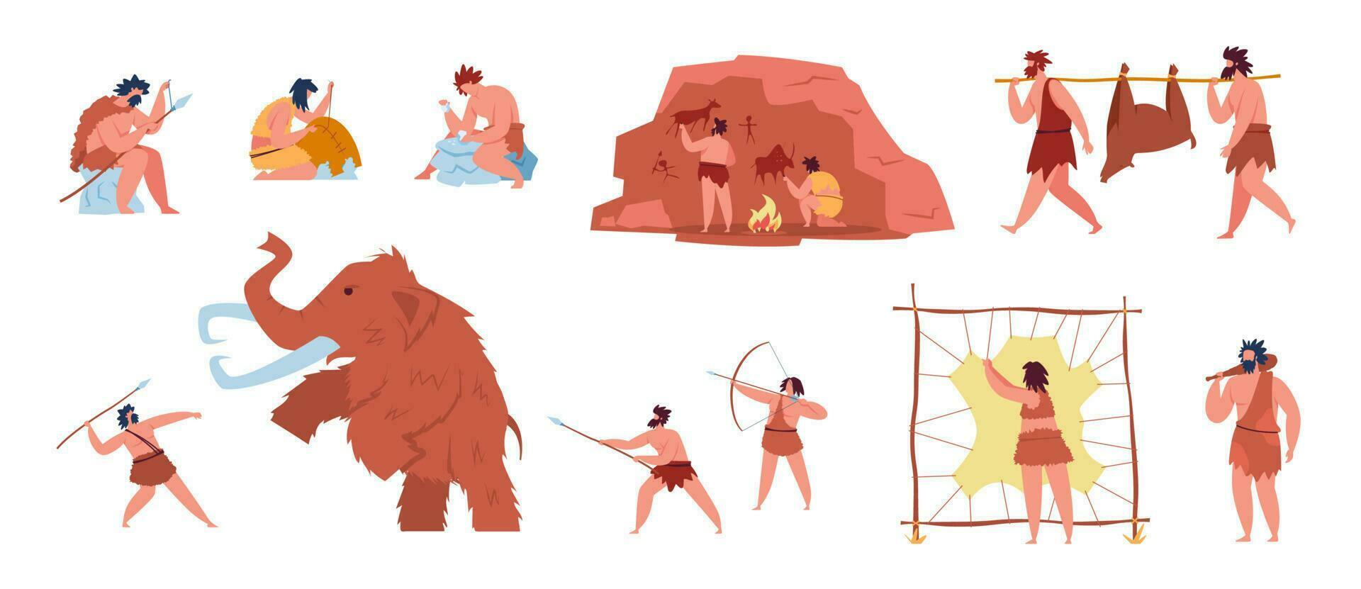 primitivo personas vida, prehistórico caracteres caza mamut. cavernícola haciendo herramientas y cueva arte, Roca años cazadores con armas vector conjunto