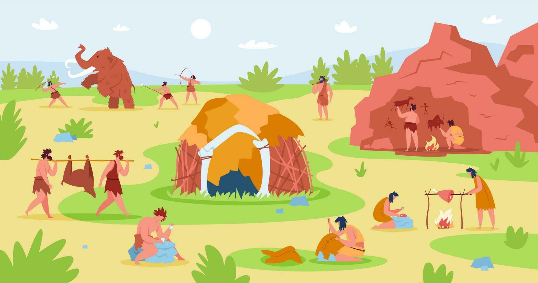 Primitive people life scene, stone age characters lifestyle. Prehistoric men hunting mammoth, caveman cooking food vector illustration