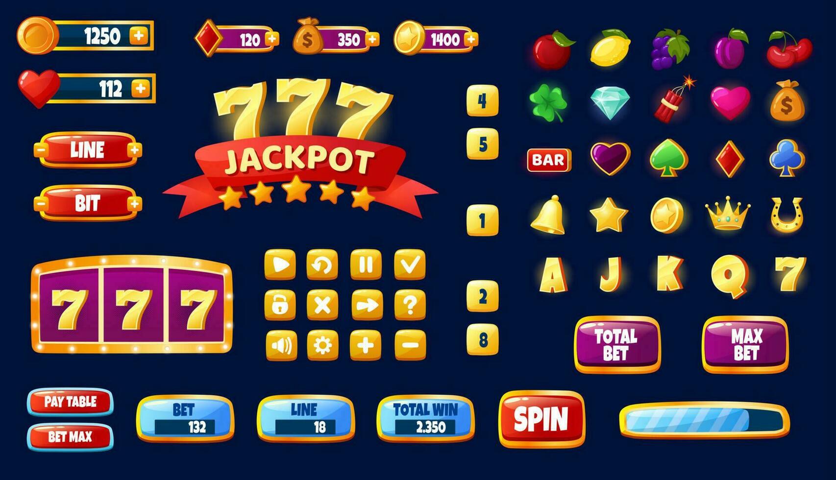 dibujos animados casino espacio máquina móvil aplicación juego ui activos. juego juegos diseño interfaz elementos, iconos, botones, Progreso bar vector conjunto