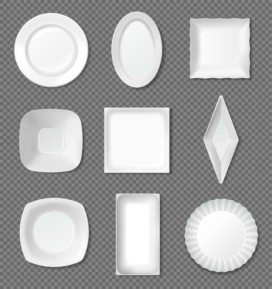 Realistic white plates, porcelain dishes, top view kitchen tableware. Empty bowl, ceramic food plate, restaurant dinnerware mockup vector set