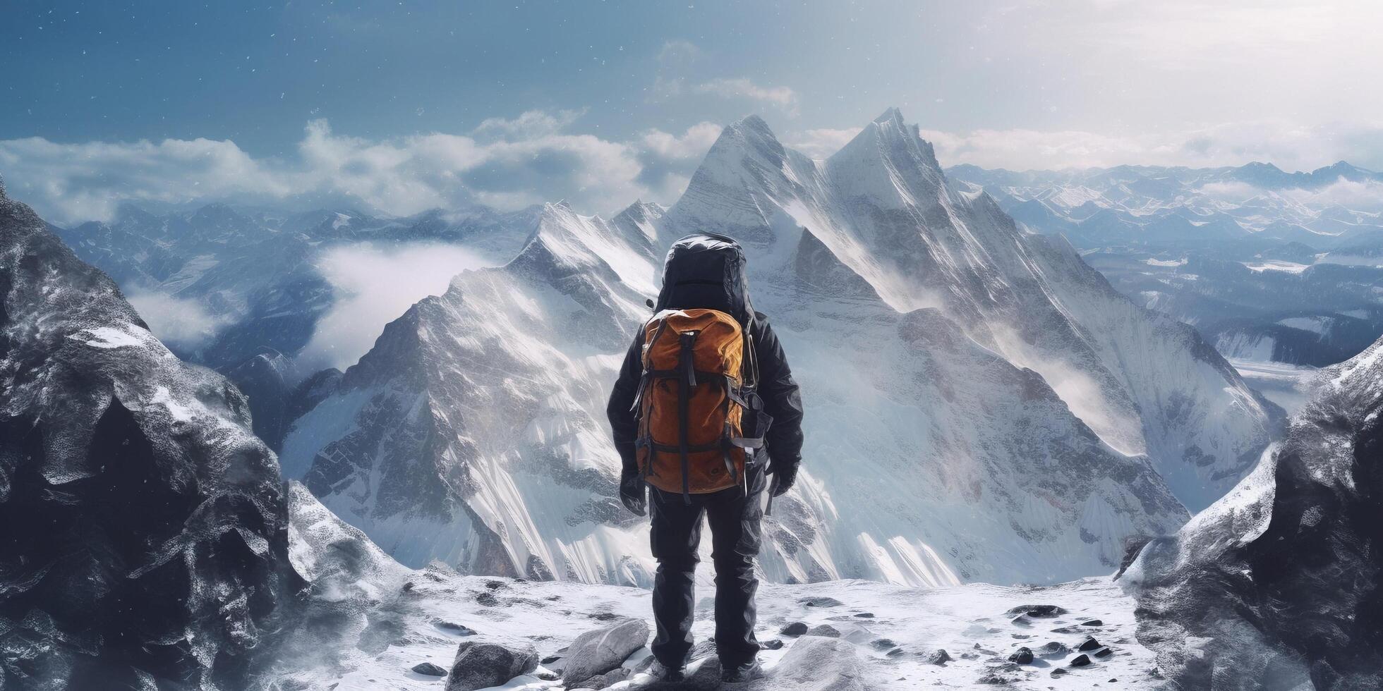 The closeup view of a man with backpack who stand in front of high mountain with . photo