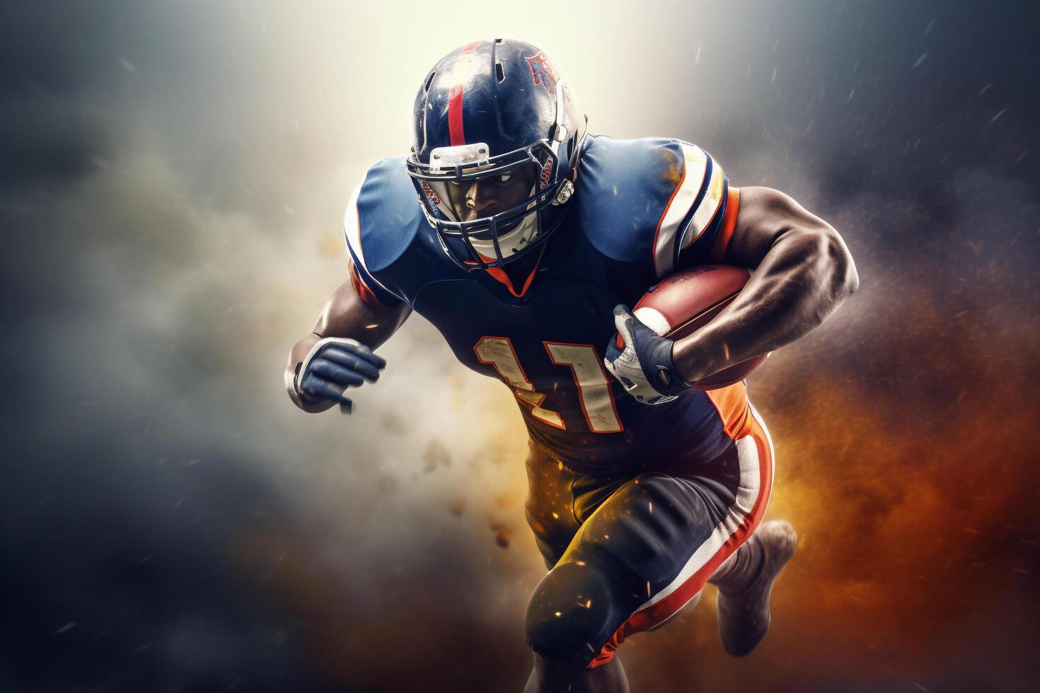 American football player in action on a dark smoky background with . photo