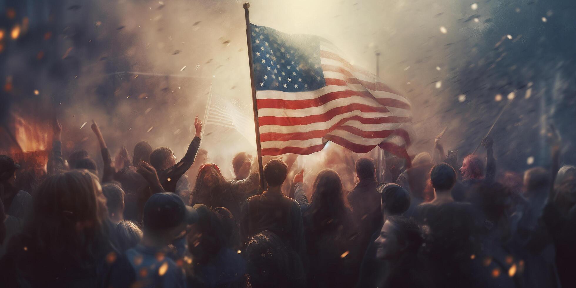 Crowd of people with american flag in the street with . photo