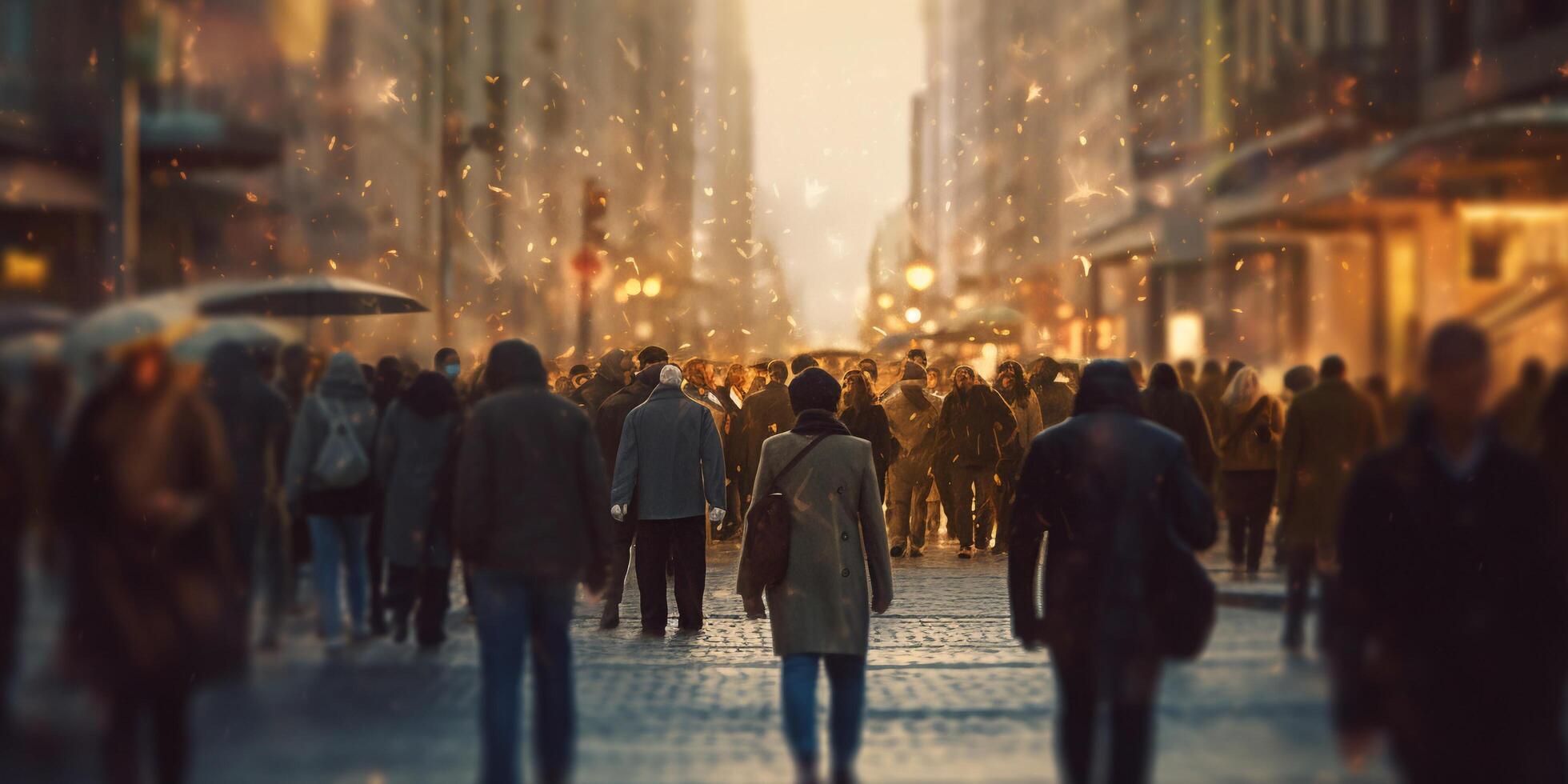 The crowd of people are walking in the street with . photo