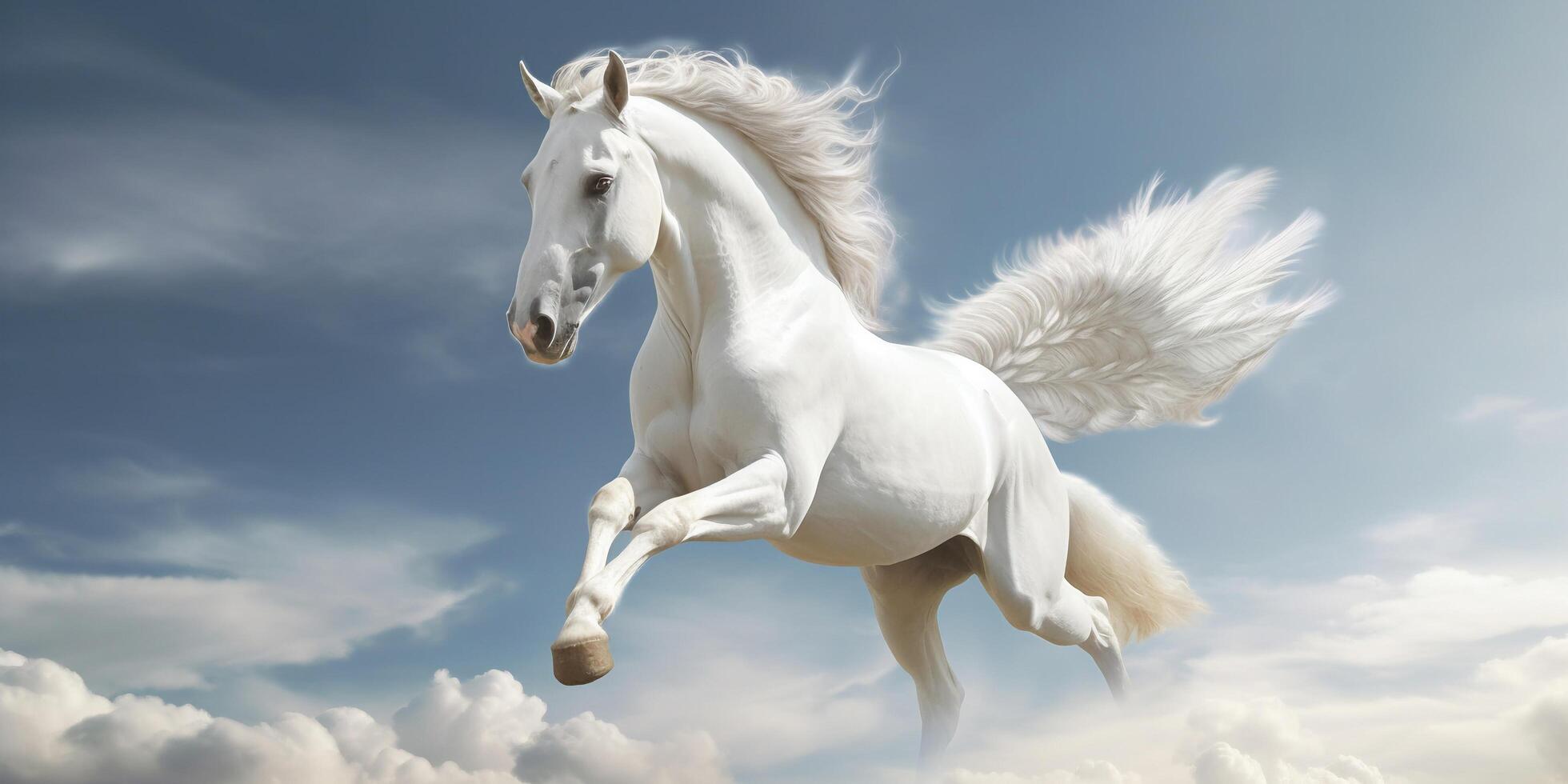 White horse with wings flying in the blue sky with . photo