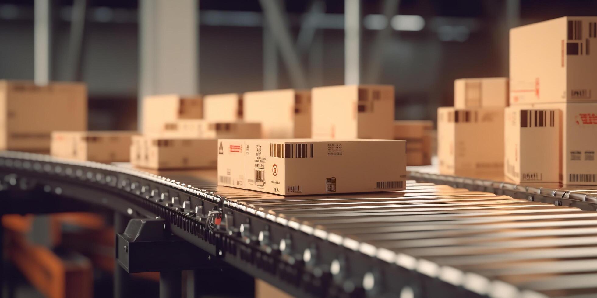 The carton boxes on the conveyor belt with . photo