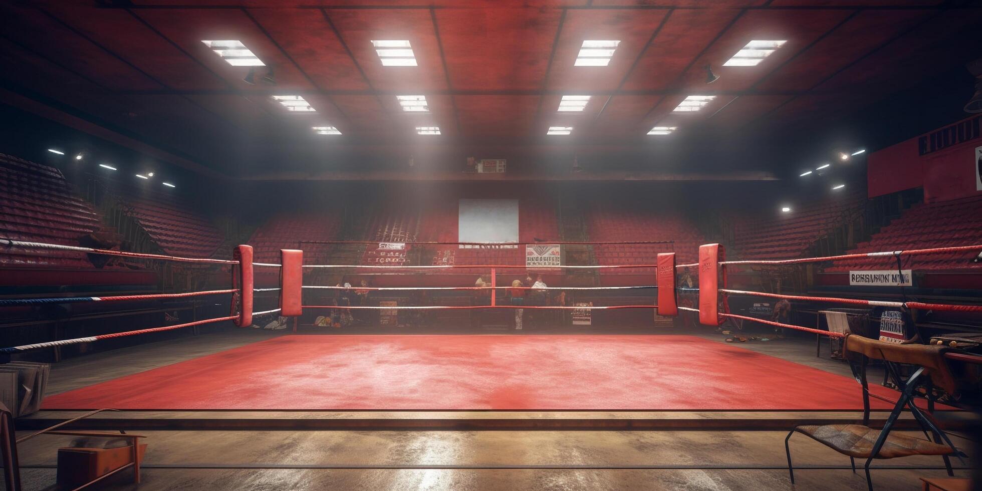 Red boxing ring in an empty arena with . photo