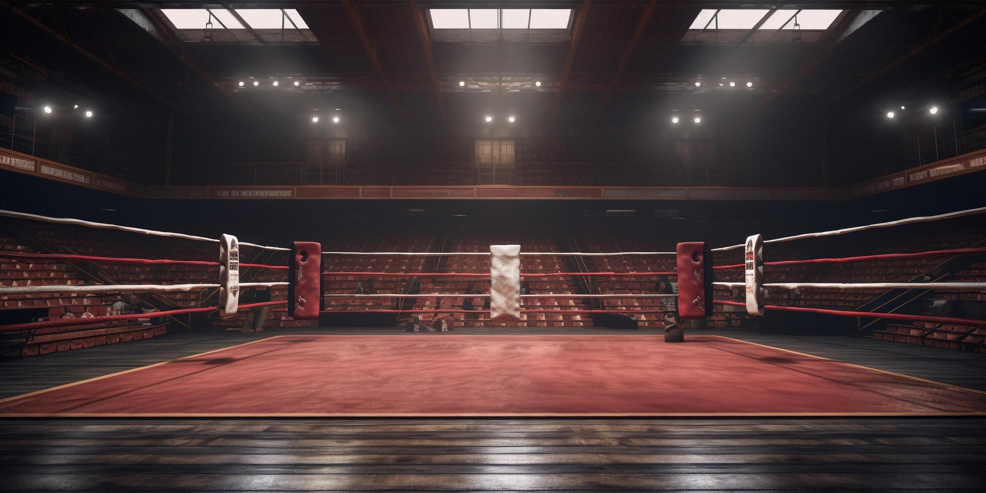 Red boxing ring in an empty arena with . photo