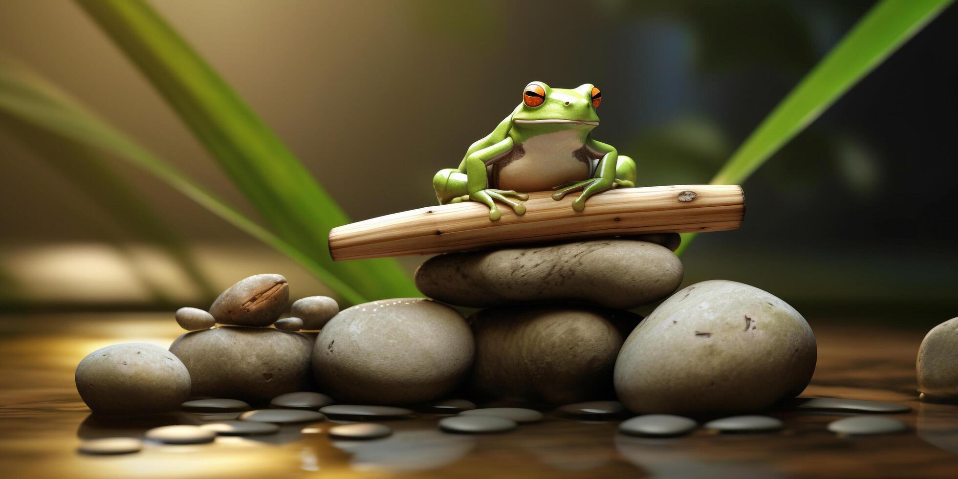 Green frog sitting on a stone on a green background with . photo